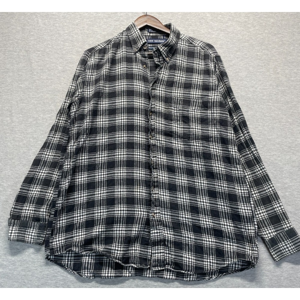 Vintage Van Heusen Winterweights Flannel Shirt Mens Tall Large White Black Plaid